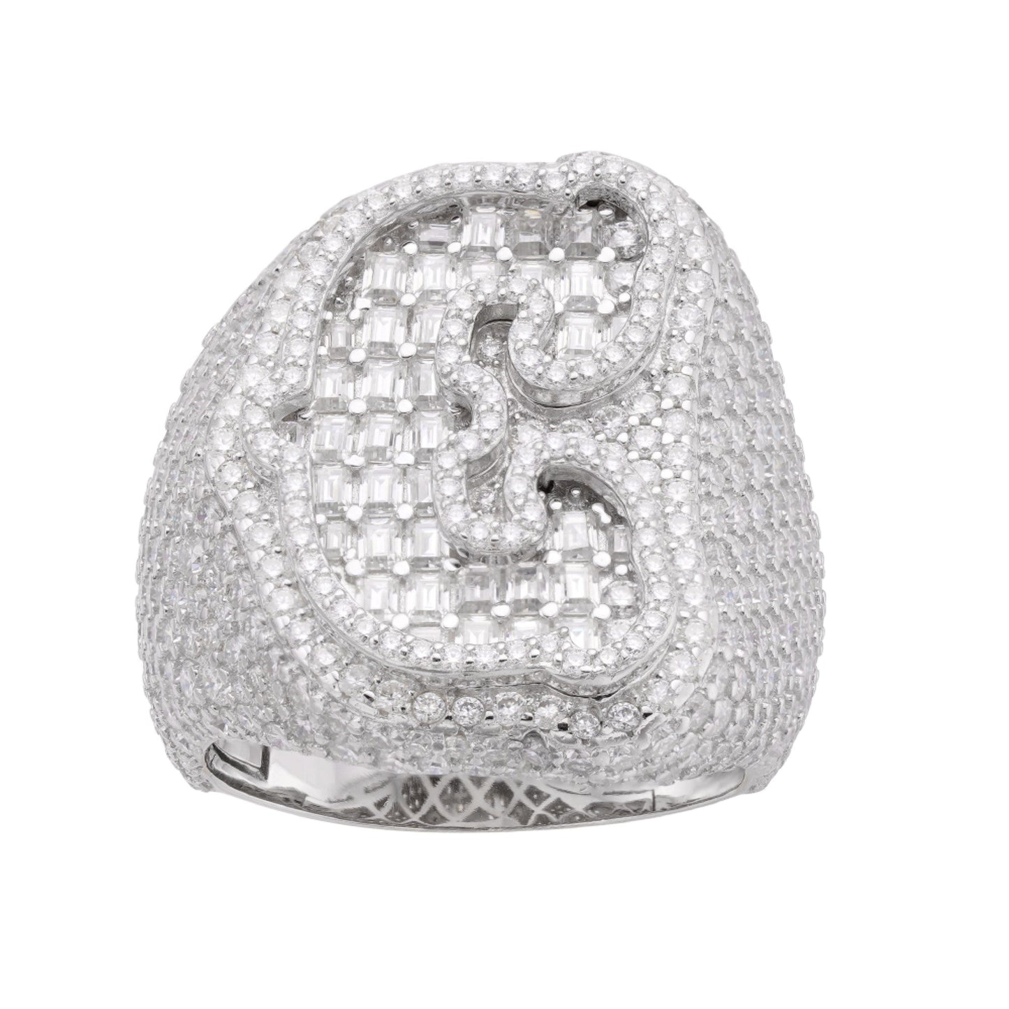 S.Silver Round Baugette Moissanite Albhabet C letter Initial SZ 10 Mens Ring RP 7-1/10 Cttw
