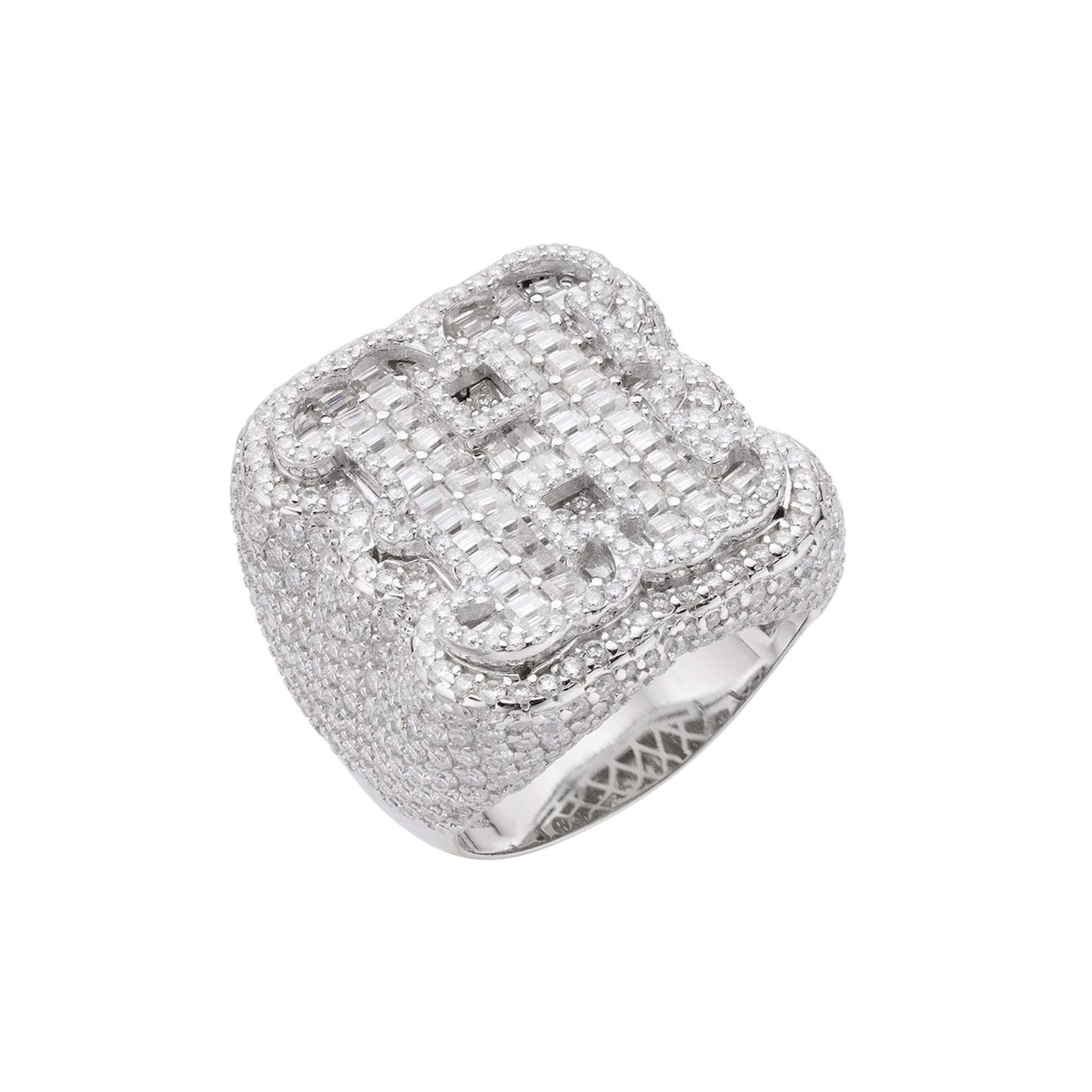 S.Silver Round Baugette Moissanite Albhabet H letter Initial SZ 10 Mens Ring RP 7-7/8 Cttw