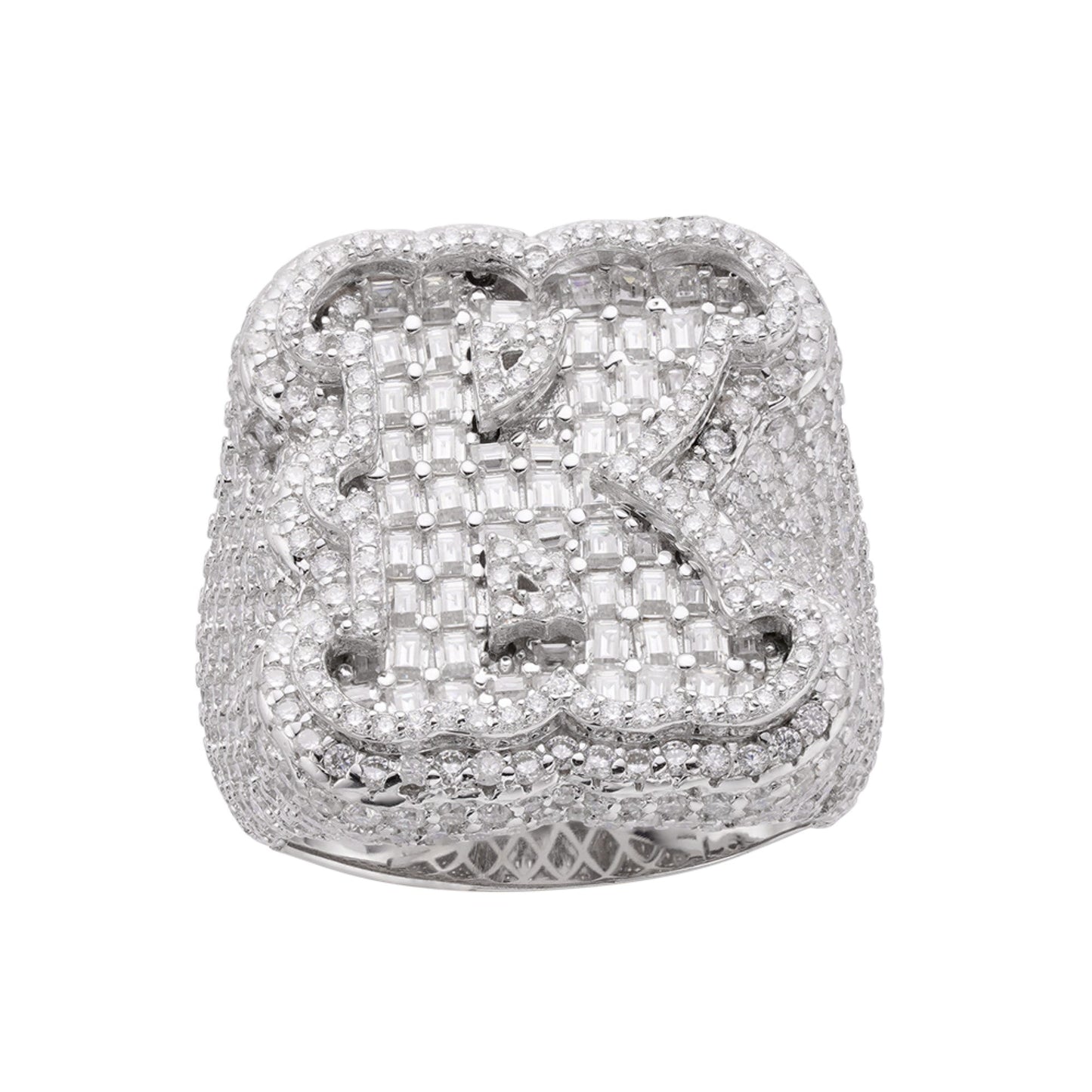 S.Silver Round Baugette Moissanite Albhabet K letter Initial SZ 10 Mens Ring RP 7-1/2 Cttw