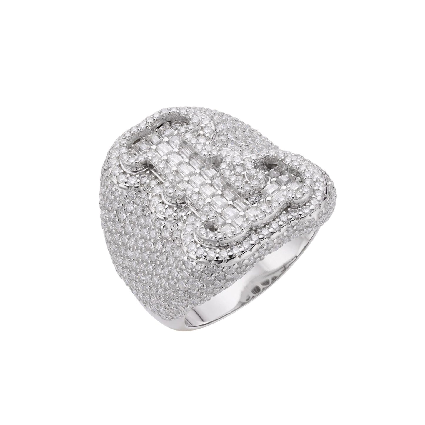 S.Silver Round Baugette Moissanite Albhabet L letter Initial SZ 10 Mens Ring RP 6-5/8 Cttw