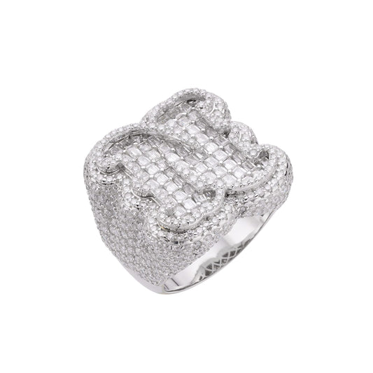 S.Silver Round Baugette Moissanite Albhabet N letter Initial SZ 10 Mens Ring RP 8-3/4 Cttw