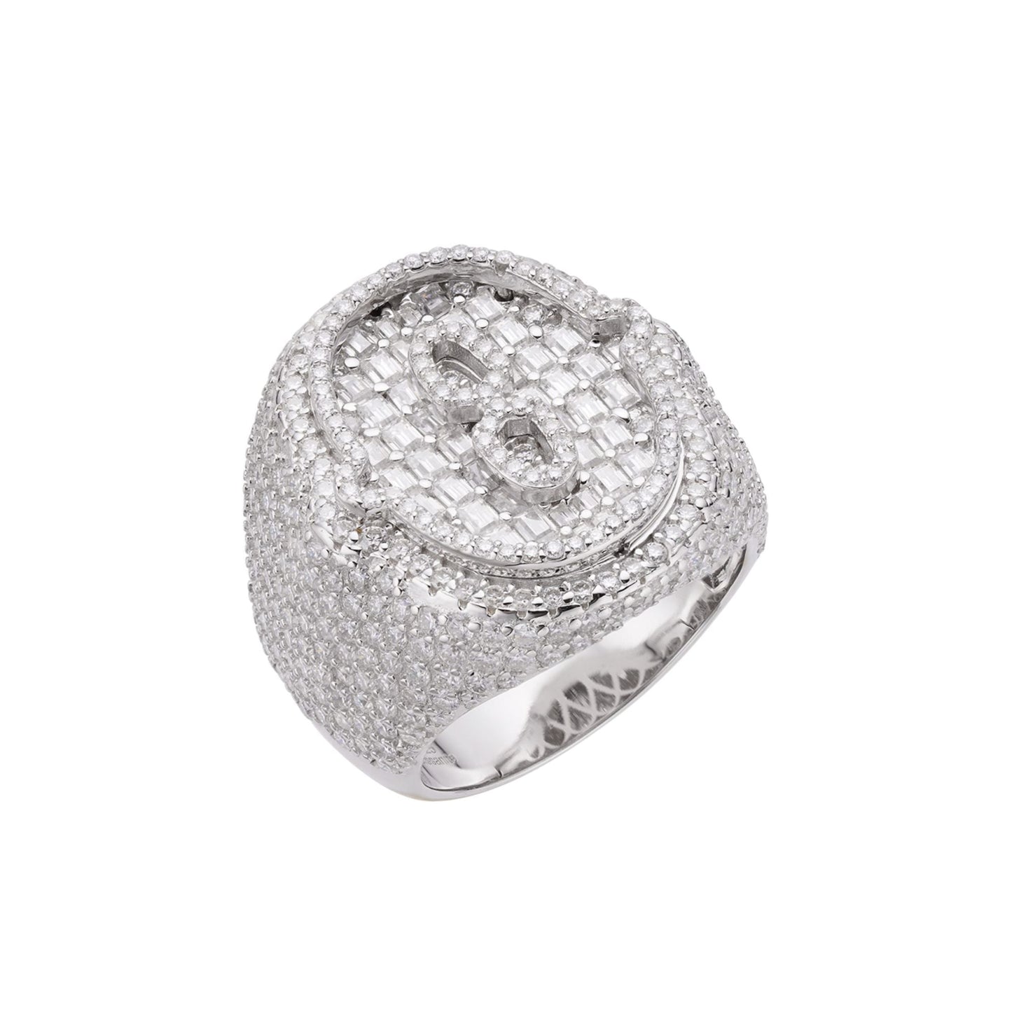 S.Silver Round Baugette Moissanite Albhabet O letter Initial SZ 10 Mens Ring RP 6-3/8 Cttw
