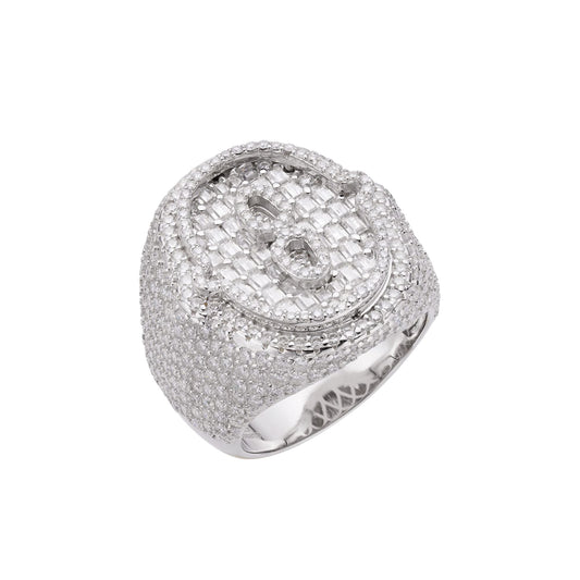 S.Silver Round Baugette Moissanite Albhabet O letter Initial SZ 10 Mens Ring RP 6-3/8 Cttw