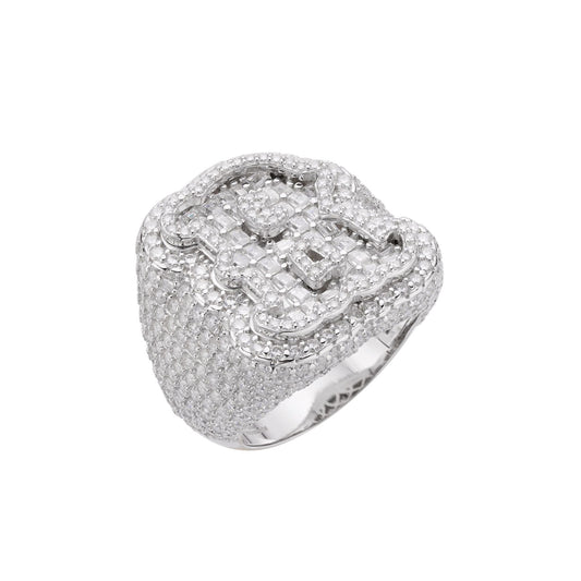 S.Silver Round Baugette Moissanite Albhabet R letter Initial SZ 10 Mens Ring RP 6-7/8 Cttw