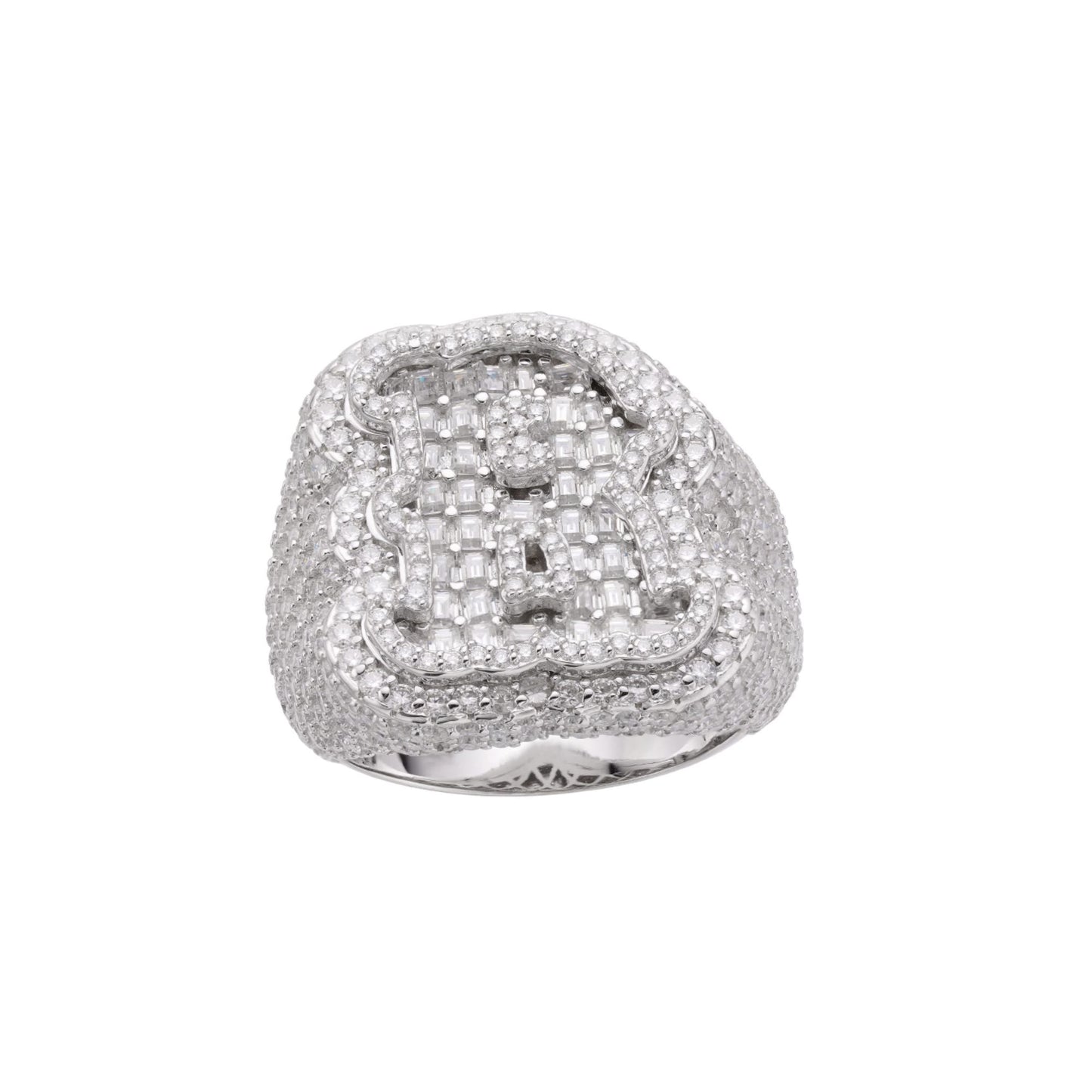 S.Silver Round Baugette Moissanite Albhabet R letter Initial SZ 10 Mens Ring RP 6-7/8 Cttw