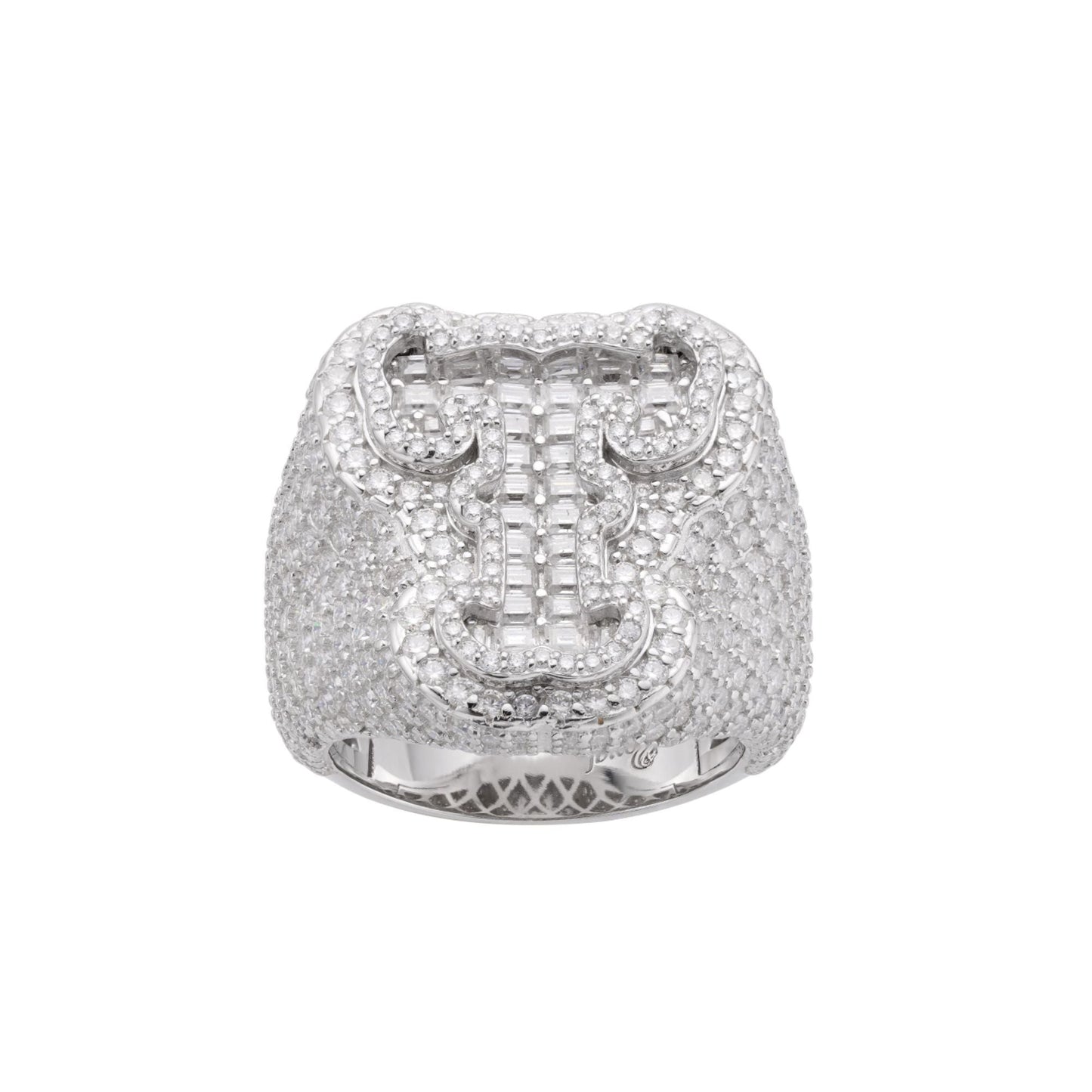S.Silver Round Baugette Moissanite Albhabet T letter Initial SZ 10 Mens Ring RP 6-3/4 Cttw