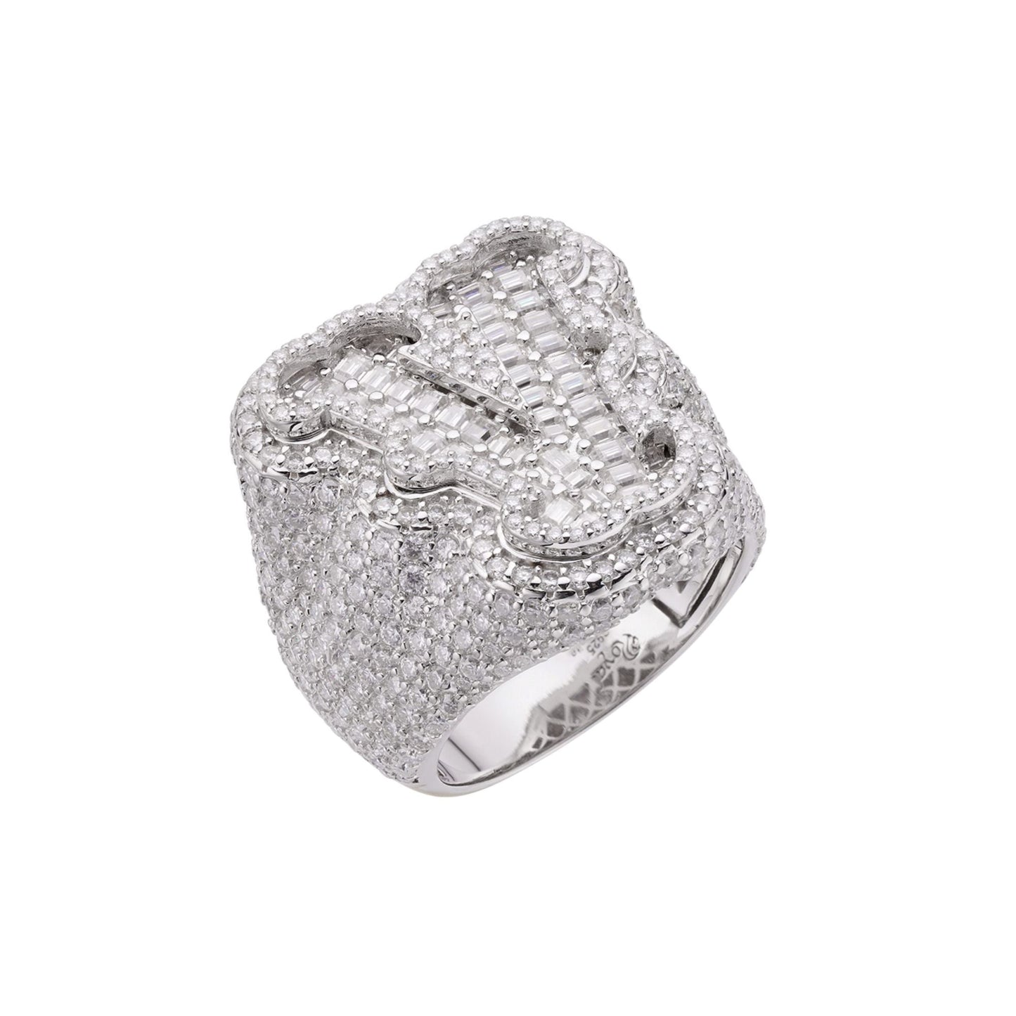 S.Silver Round Baugette Moissanite Albhabet V letter Initial SZ 10 Mens Ring RP 7-1/2 Cttw