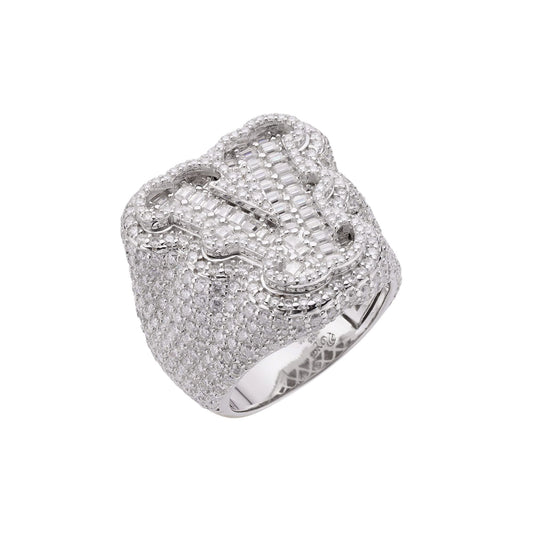 S.Silver Round Baugette Moissanite Albhabet V letter Initial SZ 10 Mens Ring RP 7-1/2 Cttw