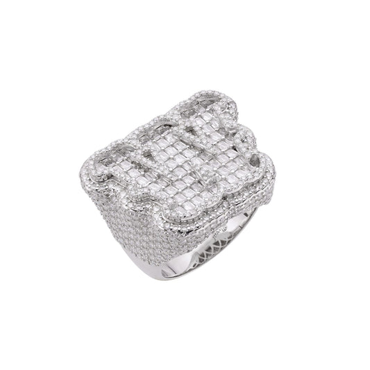 S.Silver Round Baugette Moissanite Albhabet W letter Initial SZ 10 Mens Ring RP 8-7/8 Cttw