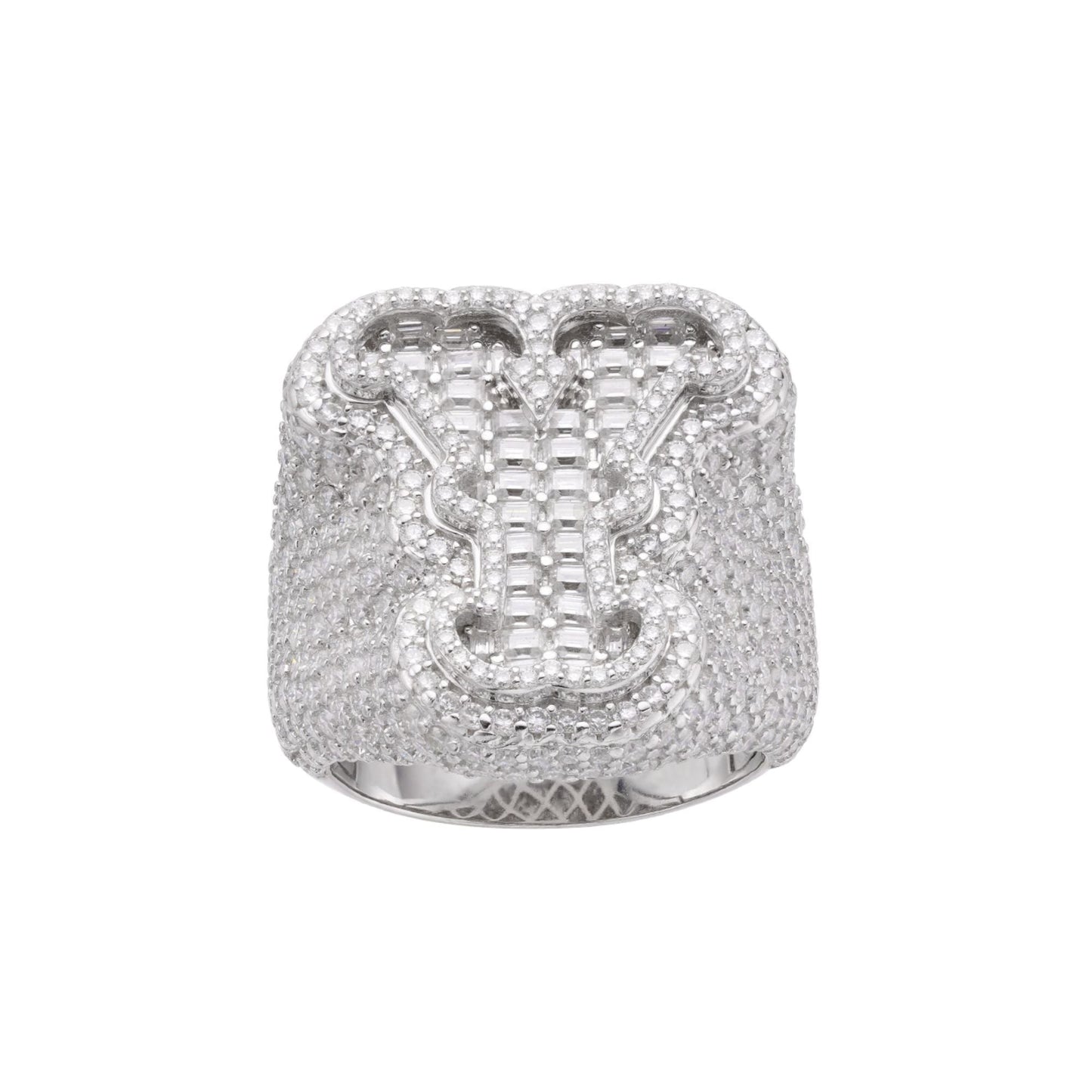 S.Silver Round Baugette Moissanite Albhabet Y letter Initial SZ 10 Mens Ring RP 6-7/8 Cttw