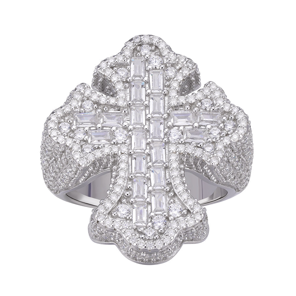 S.Silver Round Moissanite With White CZ Mens Cross Religious SZ 10 Ring RP 2-5/8 Cttw