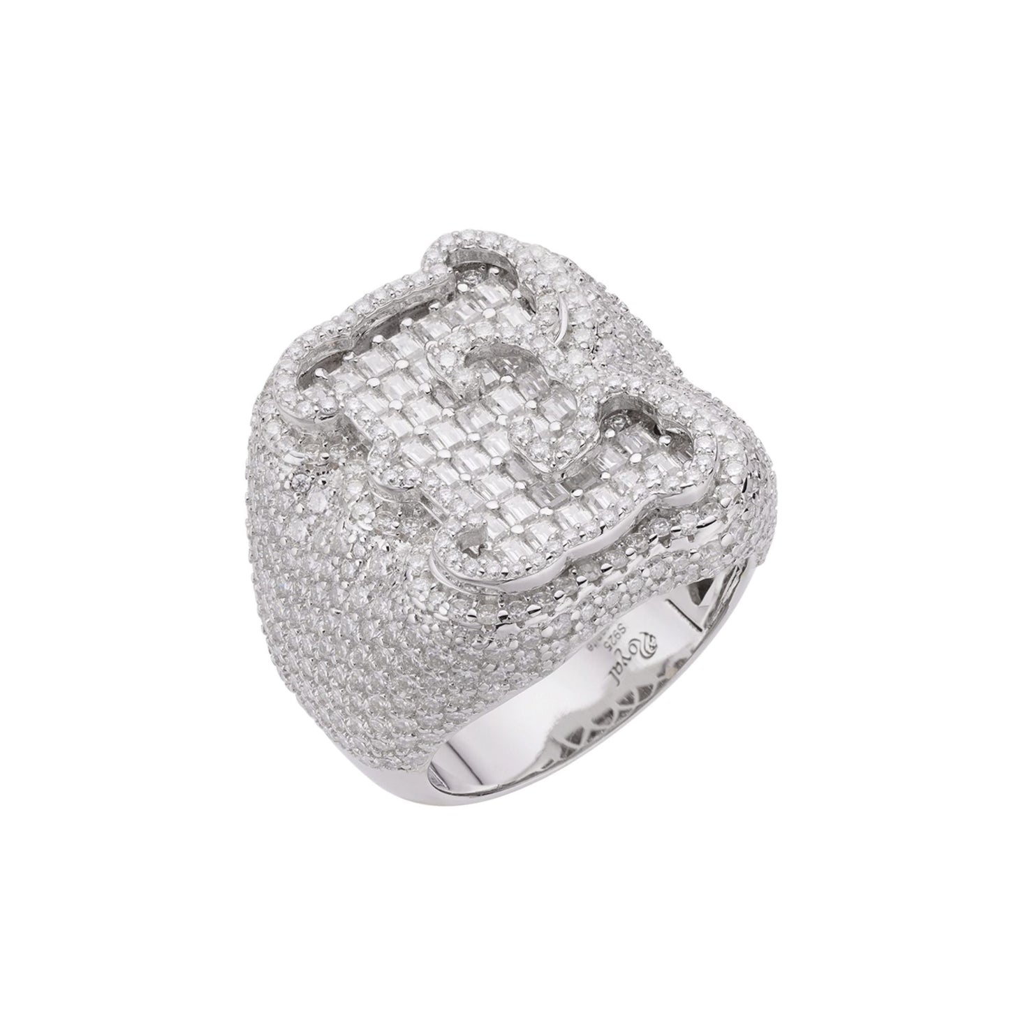 S.Silver Round Baugette Moissanite Albhabet E letter Initial SZ 10 Mens Ring RP 7-1/4 Cttw