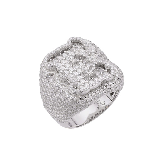 S.Silver Round Baugette Moissanite Albhabet E letter Initial SZ 10 Mens Ring RP 7-1/4 Cttw