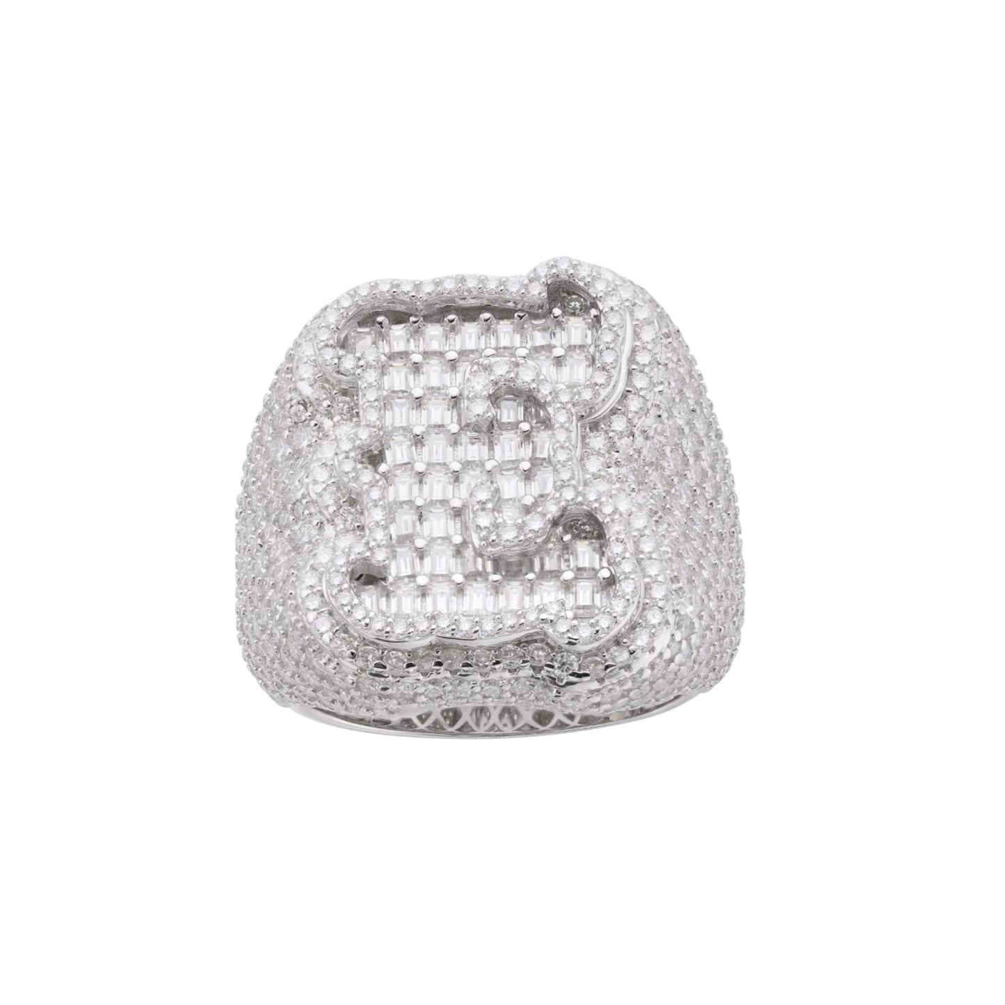 S.Silver Round Baugette Moissanite Albhabet E letter Initial SZ 10 Mens Ring RP 7-1/4 Cttw