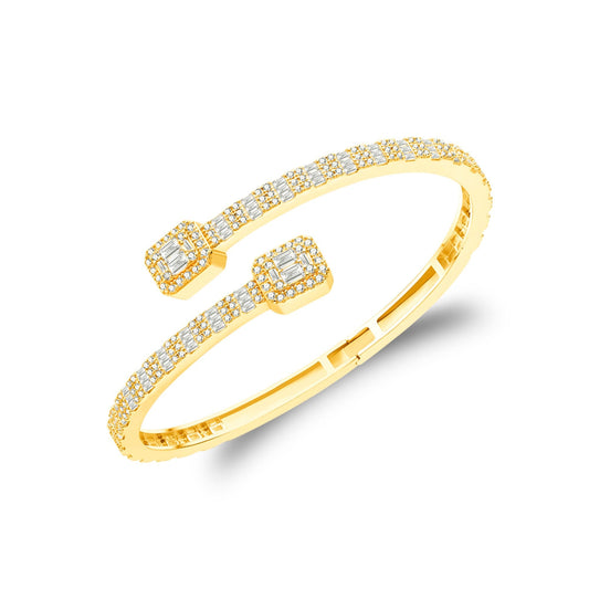 S.Silver Moissanite Round & Baguette Bangle Bracelet GP 3 Cttw