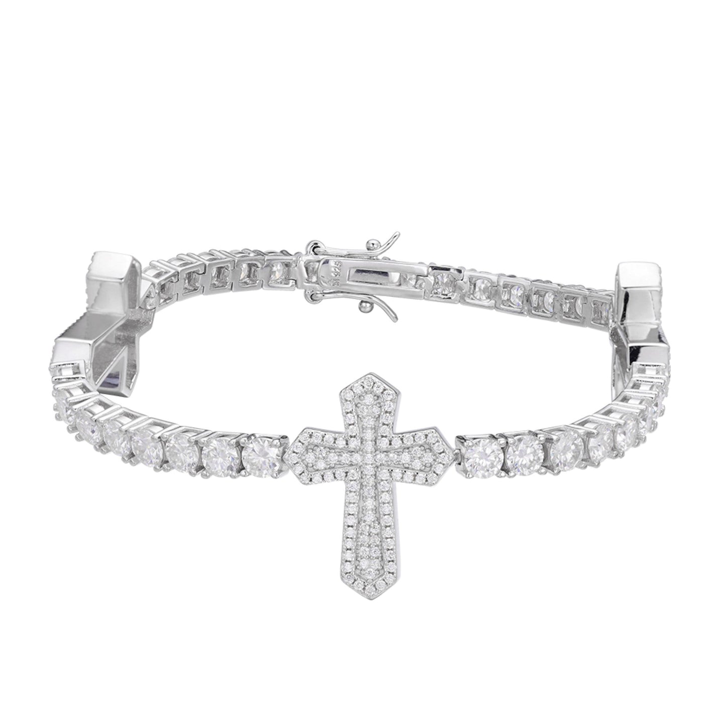 S.Silver Round Moissanite Cross Religious Bracelet 8.5 Inch RP 12-1/3 Cttw