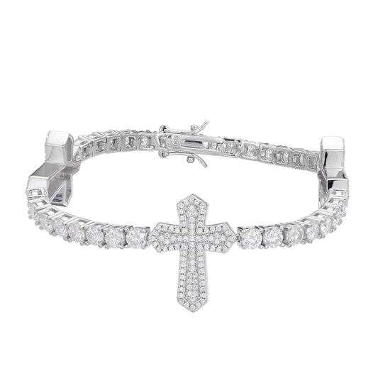 S.Silver Round Moissanite Cross Religious Bracelet 8.5 Inch RP 12-1/3 Cttw