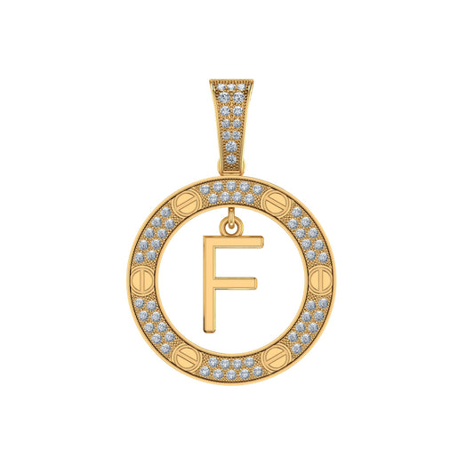 10K Yellow Gold Round Diamond F Letter Initial Pendant 1/5 CTTW