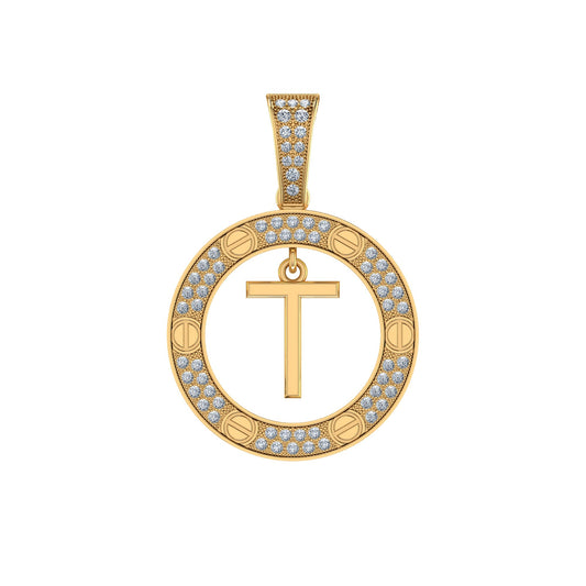 10K Yellow Gold Round Diamond T Letter Initial Pendant 1/5 Cttw