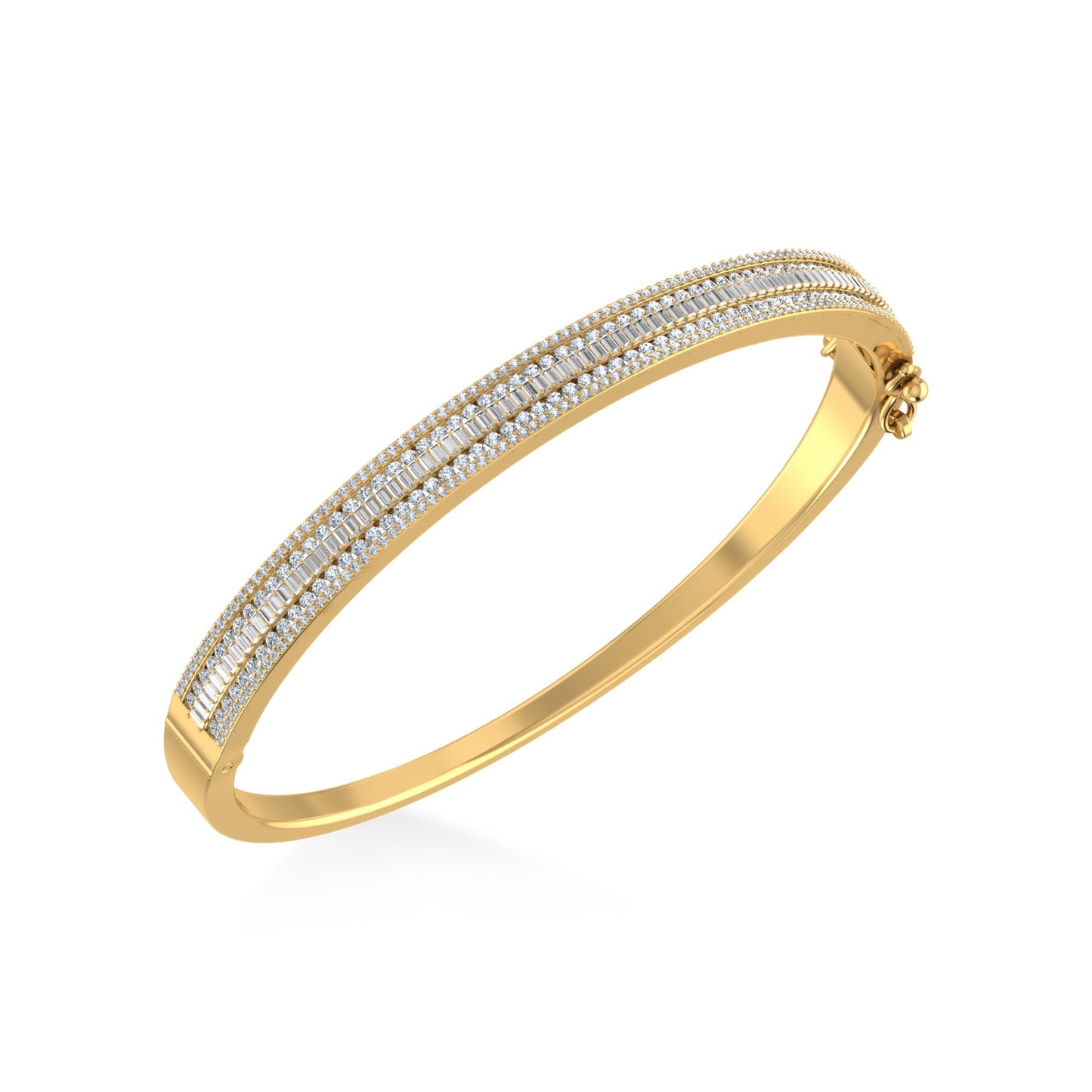 10K Yellow Gold Round Baguette Diamond Designer Bangle Bracelet 2 Cttw