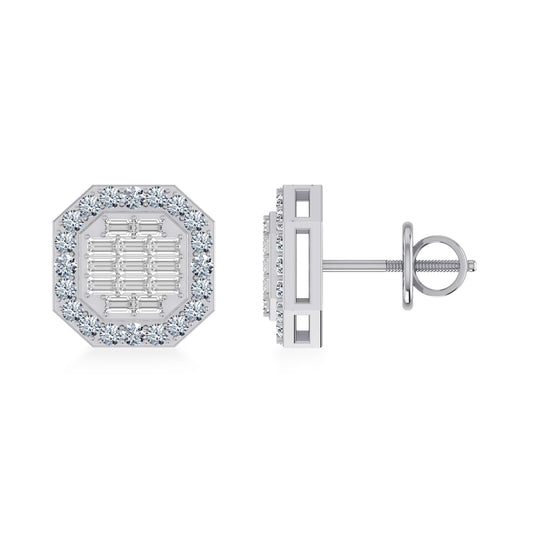 14K White Gold Round Baguette Diamond Designer Stud Earrings 1/2 Cttw