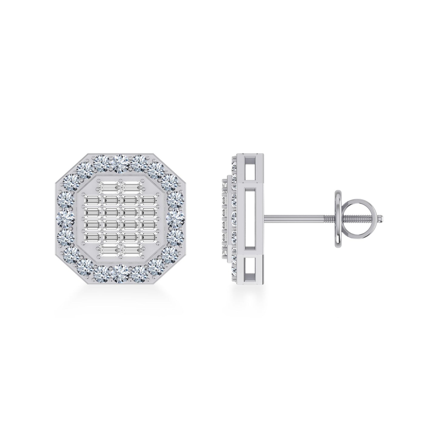 14K White Gold Round Baguette Diamond Designer Stud Earrings 7/8 Cttw
