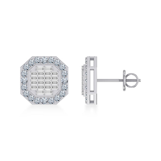 14K White Gold Round Baguette Diamond Designer Stud Earrings 7/8 Cttw