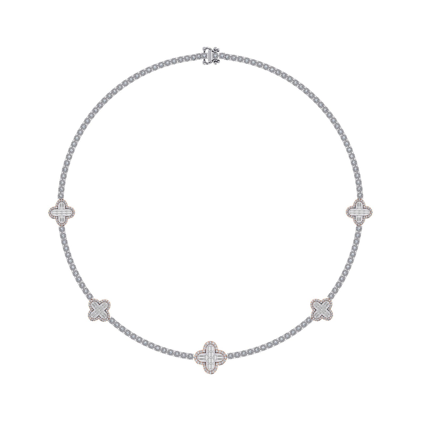 10K Rose White Two Tone Round Baguette Diamond Designer 18 Inch Necklace 2-1/5 Cttw