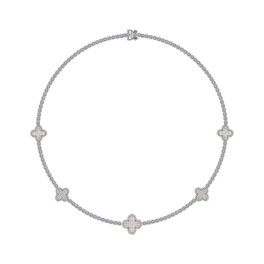 10K Rose White Two Tone Round Baguette Diamond Designer 18 Inch Necklace 2-1/5 Cttw