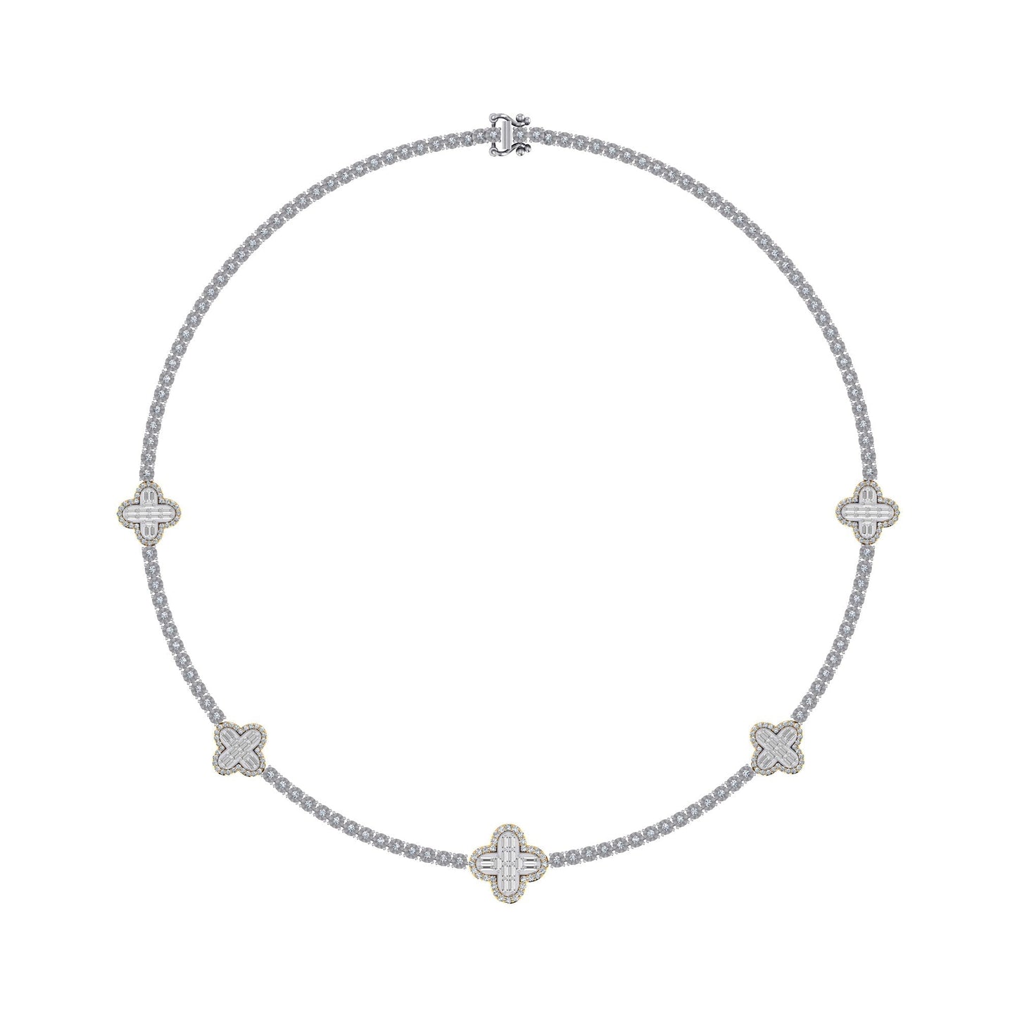 10K Yellow White Two Tone Round Baguette Diamond Designer 18 Inch Necklace 2-1/5 Cttw