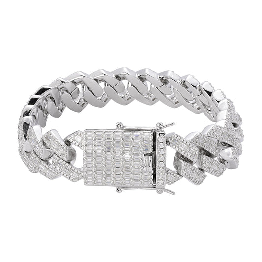 S.Silver Round Baguette Moissanite Cuban 8 Inch Mens Bracelet RP 46 Cttw