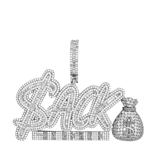 S.Silver Round Baguette CZ Sack Chaser Word Pendant RP