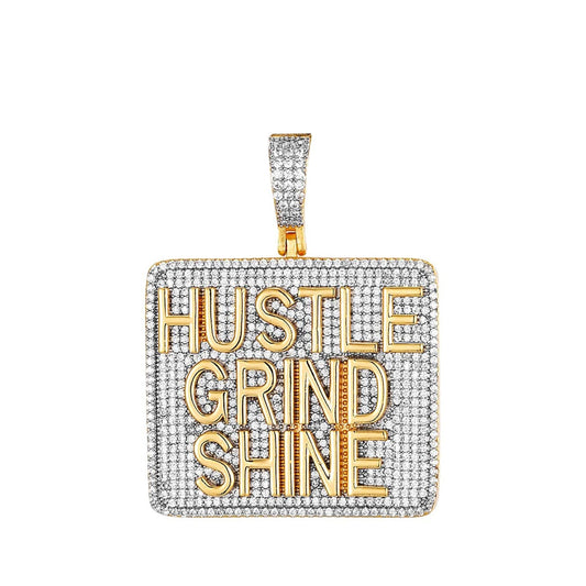 S.Silver CZ Hustle Grind Shine Word Pendant RP+GP
