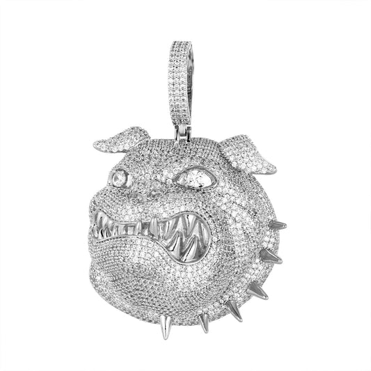S.Silver Round CZ Cluster Bull Dog Animal Pendant RP