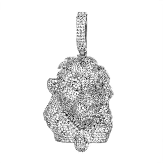 S.Silver Round CZ Lion Face Animal Pendant RP