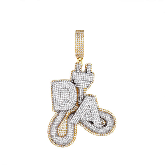 S.Silver Round Moissanite CZ Plug DA Word Pendant RP+GP 12-3/4 Cttw