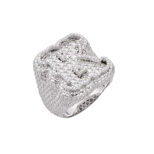 S.Silver Round Baugette Moissanite Albhabet K letter Initial SZ 10 Mens Ring RP 7-1/2 Cttw