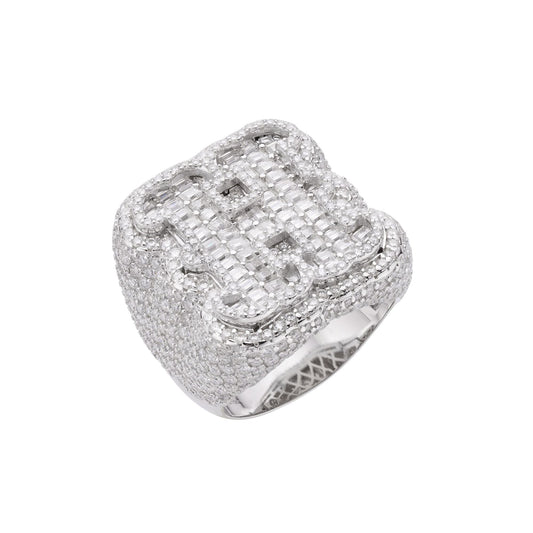S.Silver Round Baugette Moissanite Albhabet H letter Initial SZ 10 Mens Ring RP 7-7/8 Cttw