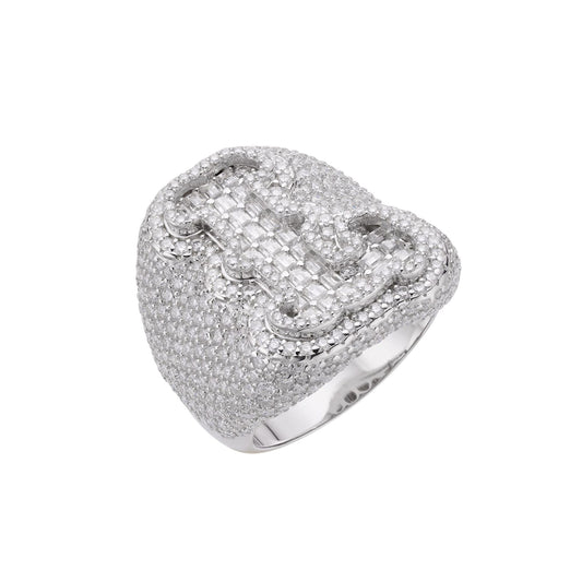 S.Silver Round Baugette Moissanite Albhabet L letter Initial SZ 10 Mens Ring RP 6-5/8 Cttw