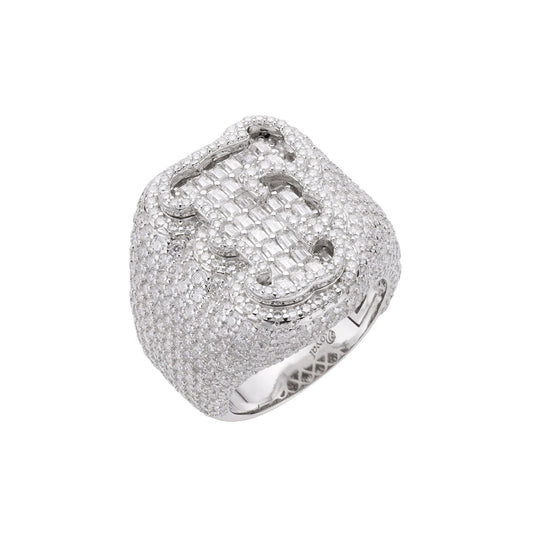 S.Silver Round Baugette Moissanite Albhabet F letter Initial SZ 10 Mens Ring RP 7-1/4 Cttw