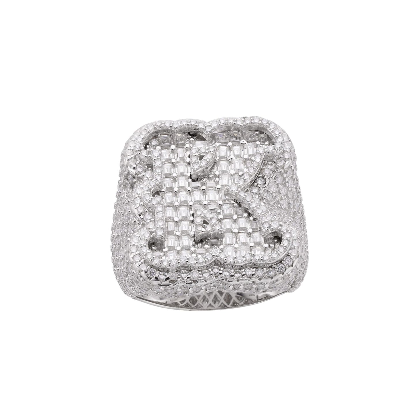 S.Silver Round Baugette Moissanite Albhabet K letter Initial SZ 10 Mens Ring RP 7-1/2 Cttw