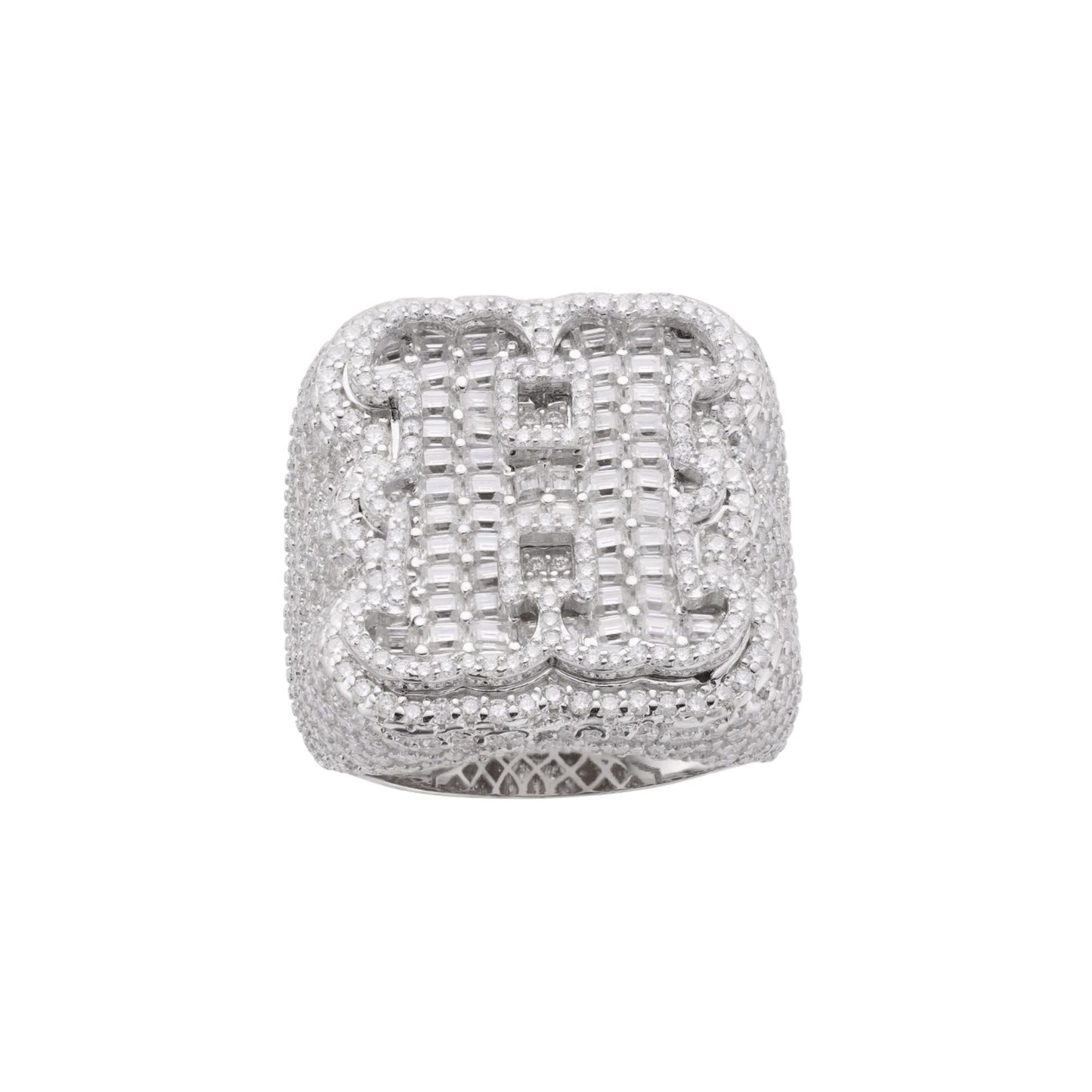 S.Silver Round Baugette Moissanite Albhabet H letter Initial SZ 10 Mens Ring RP 7-7/8 Cttw