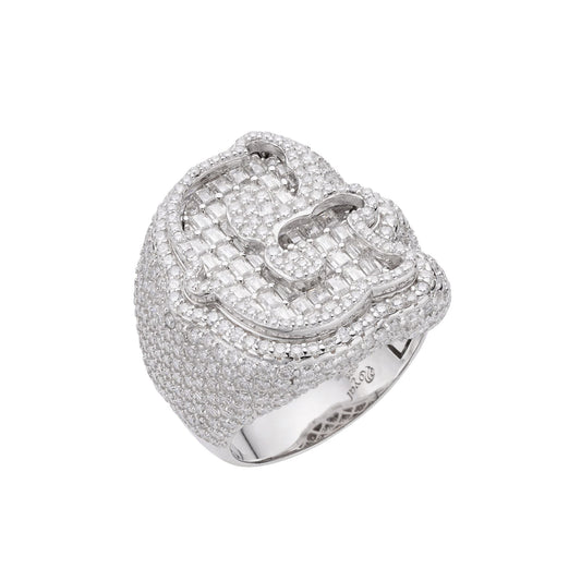 S.Silver Round Baugette Moissanite Albhabet G letter Initial SZ 10 Mens Ring RP 7-1/2 Cttw