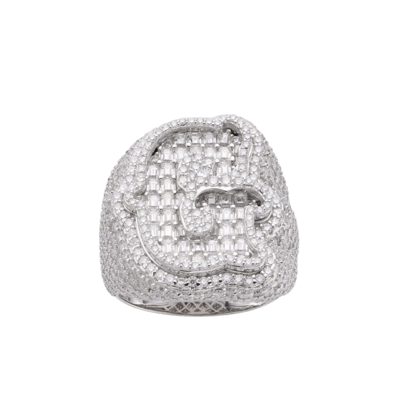 S.Silver Round Baugette Moissanite Albhabet G letter Initial SZ 10 Mens Ring RP 7-1/2 Cttw