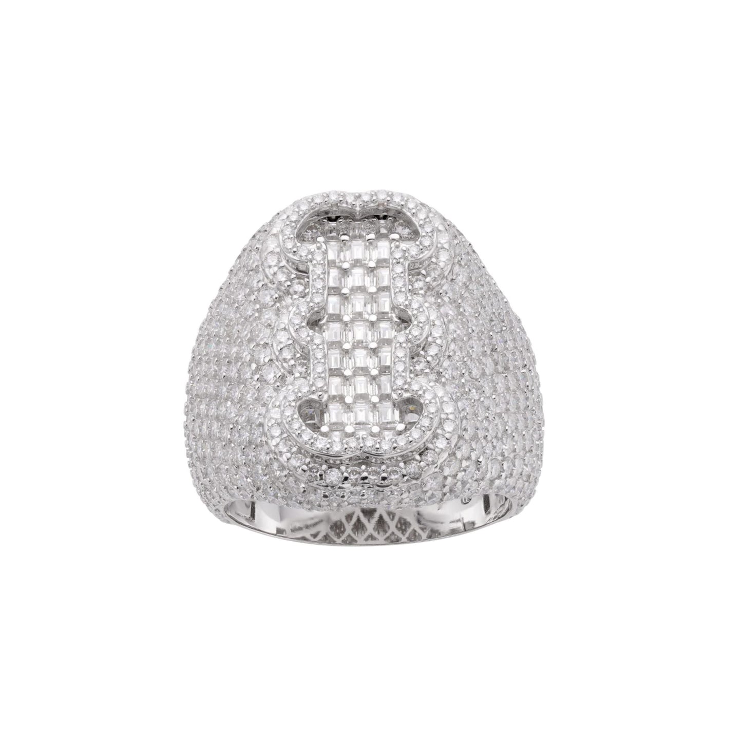 S.Silver Round Baugette Moissanite Albhabet I letter Initial SZ 10 Mens Ring RP 6-1/2 Cttw